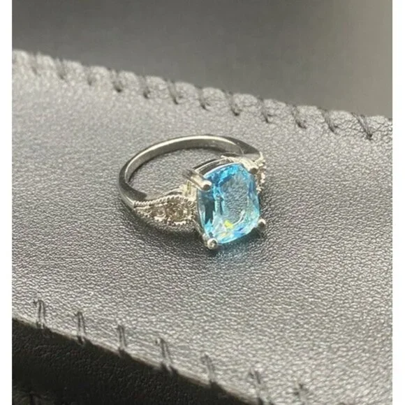 Emerald Cut Lab Blue Topaz Ring  CZ  Accents Size 5.75 3.4 grams Silver Plated - Picture 3 of 8